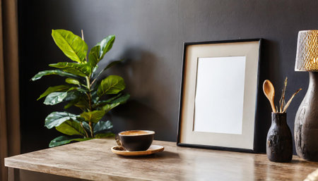 Mockup poster frame, cup of coffee and plant on wooden tableの素材