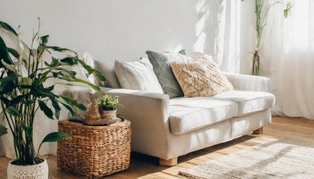 Cozy living room with sofa, pillows and plants in basketの素材