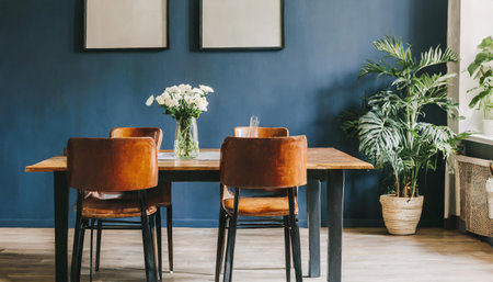 Interior of modern dining room with wooden table, chairs and plantsの素材