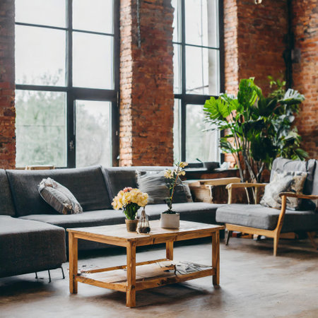 Interior of loft living room with brick wall, wooden floor and gray sofaの素材