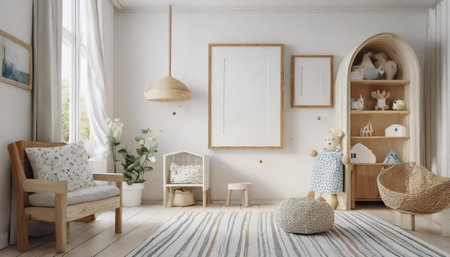 Interior of children's room in scandinavian style. 3d renderの素材