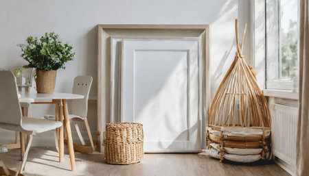 Interior design of modern living room with white walls, wooden floor, rattan chair and wicker basketの素材