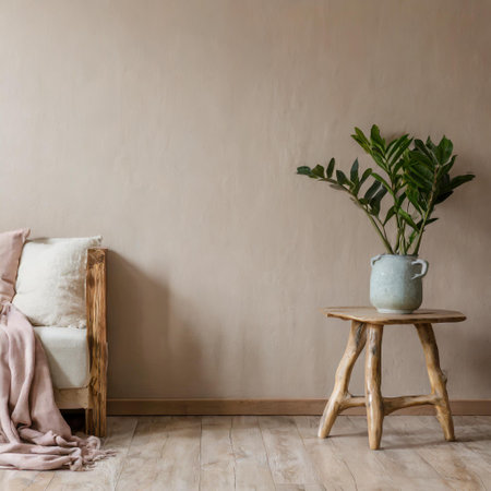 Interior of living room with sofa, coffee table and plant in vaseの素材