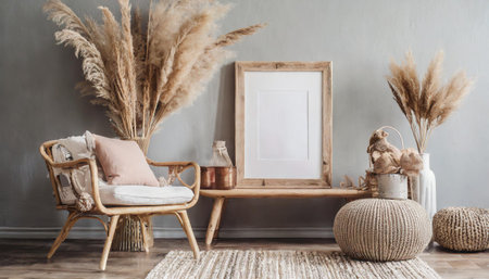 Cozy living room interior with armchair, wooden frame, pampas grass in vase and sofaの素材