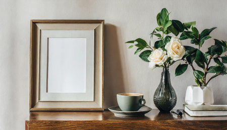 Coffee cup with white rose flower in vase on wooden table, stock photoの素材