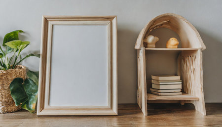 Blank picture frame mockup with copy space on wood shelf, stock photoの素材
