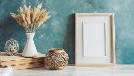 Wooden frame mockup with dried pampas grass in vase and books on white wooden table.の素材