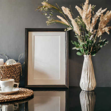Stylish interior of modern living room with mock up poster frame, cup of coffee, vase with dried flowers and plants in vase. Minimalist design.の素材