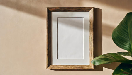 Wooden frame mockup on a beige wall with a plantの素材