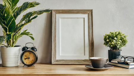 Blank picture frame mockup with coffee cup, alarm clock and houseplant on wooden table.の素材