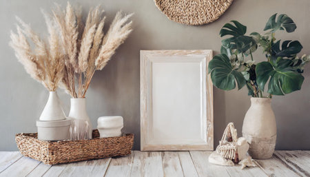 Vase with pampas grass and blank frame on rustic wooden tableの素材