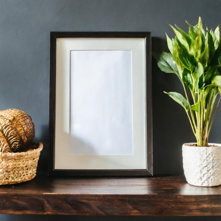 Photo frame mockup in black and white interior with plants in potsの素材