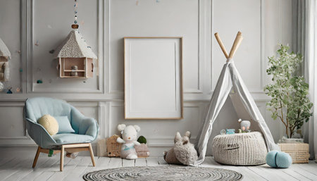 Mock up poster frame in child room interior with blue armchair and teddy bearの素材