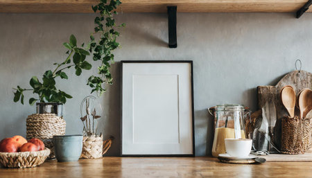 Interior of modern kitchen with wooden and concrete wall, cup of coffee and mock up frameの素材