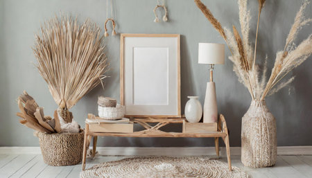 Stylish scandinavian living room interior with wooden commode, mock up poster frame, vase with pampas grass and plantsの素材
