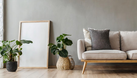 Interior design of living room with sofa, plants and picture frameの素材