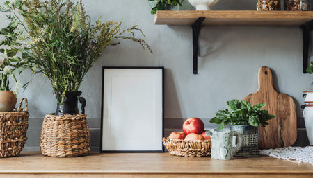 Interior of modern kitchen with mock up poster frame, apples and potted plantsの素材