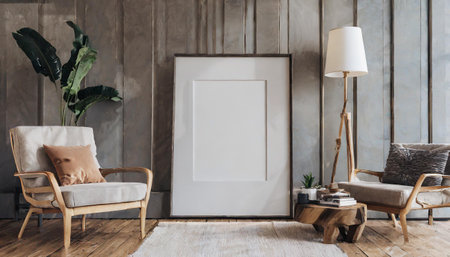Mock up poster frame in modern living room interior, 3d renderの素材