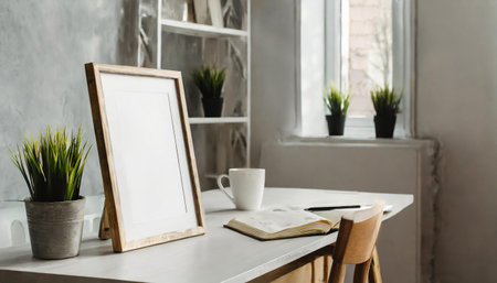 Blank photo frame mockup on table with coffee cup and notebookの素材