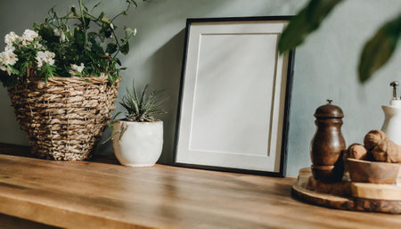 White frame mockup on wooden table in cozy living room interior with vase of flowers. Modern scandinavian interior design.の素材