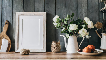 Vase with white flowers on the wooden table. Flat lay.の素材