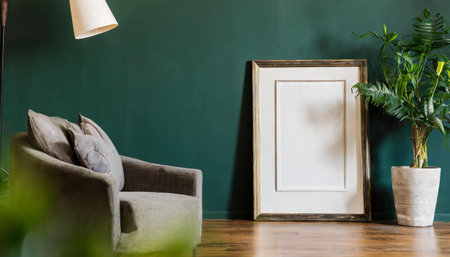 Interior design of living room with green chalkboard, sofa and plantの素材