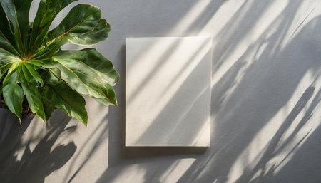 2 vertical sheets of textured white paper on soft yellow table background. Mockup overlay with the plant shadows. Natural light casts shadows from a Jerusalem artichoke flowers. Horizontal orientationの素材