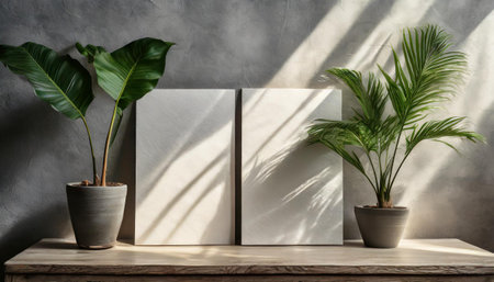 2 vertical sheets of textured white paper on soft yellow table background. Mockup overlay with the plant shadows. Natural light casts shadows from a Jerusalem artichoke flowers. Horizontal orientationの素材