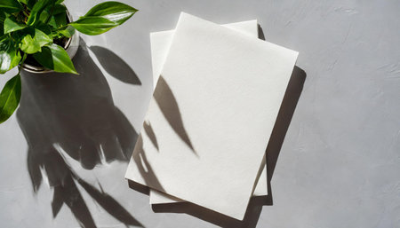 2 vertical sheets of textured white paper on soft yellow table background. Mockup overlay with the plant shadows. Natural light casts shadows from a Jerusalem artichoke flowers. Horizontal orientationの素材