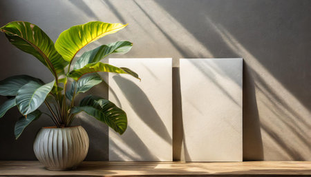 2 vertical sheets of textured white paper on soft yellow table background. Mockup overlay with the plant shadows. Natural light casts shadows from a Jerusalem artichoke flowers. Horizontal orientationの素材