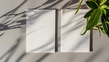 the mockup overlay weaves in shadows from an exotic plant, as natural light two vertical sheets of textured white paper resting on a soft gray table background. with leavesの素材