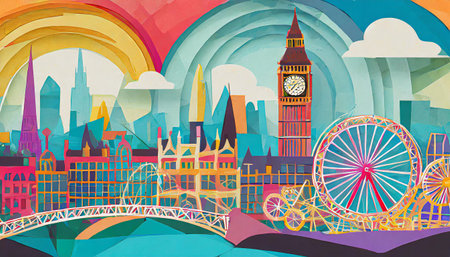 London city colorful illustration. Paper cutout style.の素材