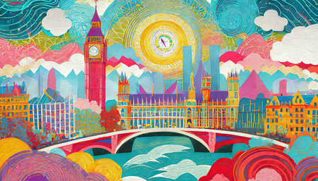London city colorful illustration. Paper cutout style.の素材