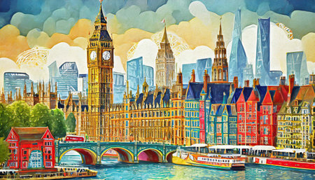 London city colorful illustration. Paper cutout style.の素材