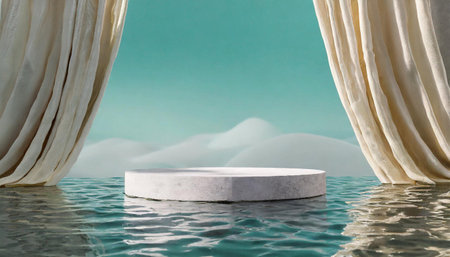 3d render abstract platform podium on water and waving curtains. Realistic pastel mock-up for products promotion.の素材