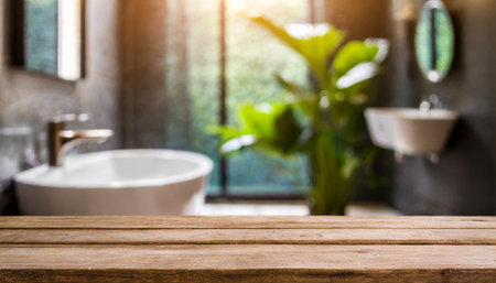 Empty wooden podium on table over blurred bathroom background for product placement.の素材