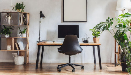 Black chair at table with computer monitor in bright home office interior with poster. Real photoの素材