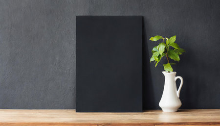 black poster mockup hanging on black wallの素材