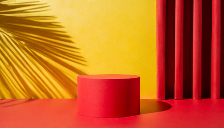 blank red display background with minimal style blank stand for showing product or product presentationの素材
