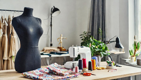 Bright atelier studio closeup with various sewing items, fabrics and mannequin on table, 3d renderの素材