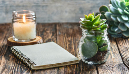Burning candle in glass jar, succulent and notebook on wooden background, close upの素材