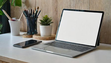 Cropped shot of minimal workspace with mock-up laptop, smartphone, decorations and copy spaceの素材
