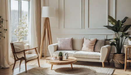 Cozy home interior in light pastel colors with cozy furniture decorated with sunflowers, 3d renderingの素材