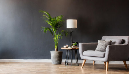 Dark living room interior with armchair and drawer with decoration, mockup posterの素材