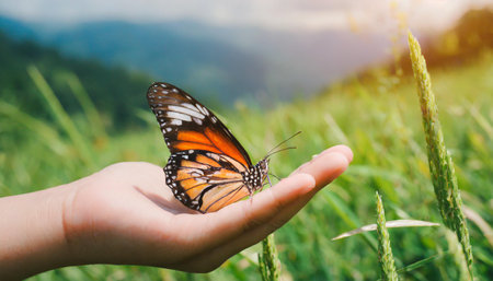 butterfly in hand on grassの素材