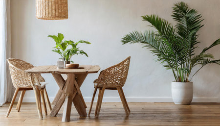 Dining room wall mock up with Areca palm, rattan dining set, wooden table on wooden floor.の素材