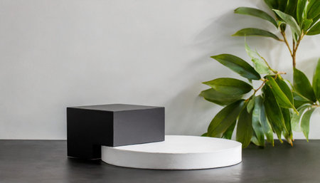 empty podium or pedestal display on white background with box stand concept blank product shelf standing backdropの素材