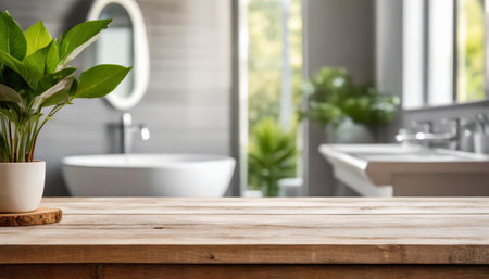 empty brown wooden tabletop for product display on blurred bright bathroom interior backgroundの素材