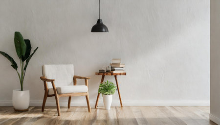 soft armchair and a vase with dry grass in empty room in morning light, minimalist modern living room interior background, scandinavian style, empty wall mockupの素材
