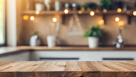 Empty beautiful wood table top counter and blur bokeh modern kitchen interior background in clean and bright,Banner, Ready for product montage.の素材